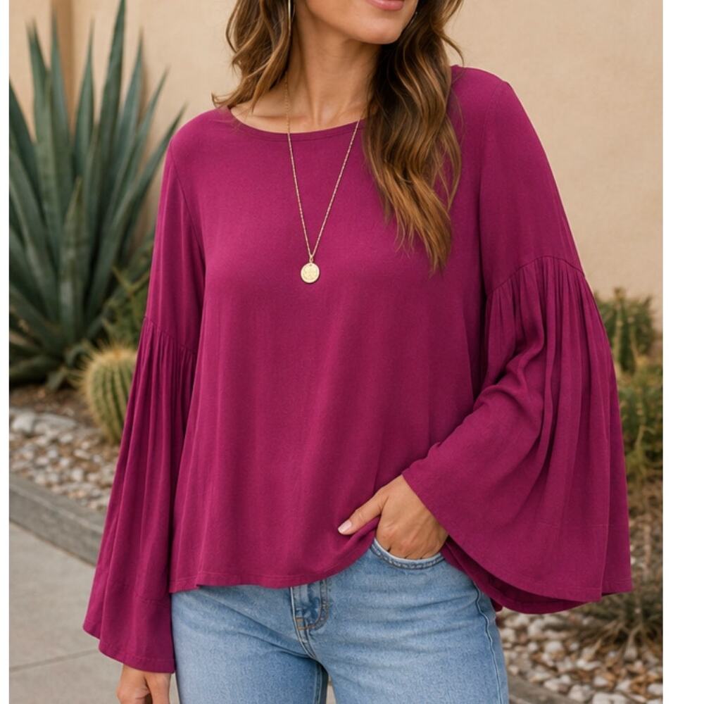 RO & DE Womens S Berry Plum Bell Sleeve Blouse Pleated Boho 100% Rayon Top
